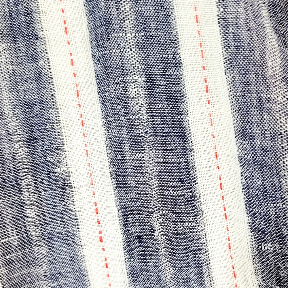 CP SHADES Blue White Red Striped Linen Split Neck Hi Lo Hem Oversized Tunic Top - Picture 7 of 9